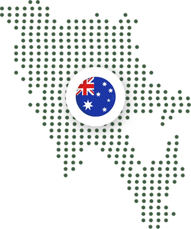 A dotted map of Australia with a circular Australian flag marker in the center, symbolizing national focus or location.